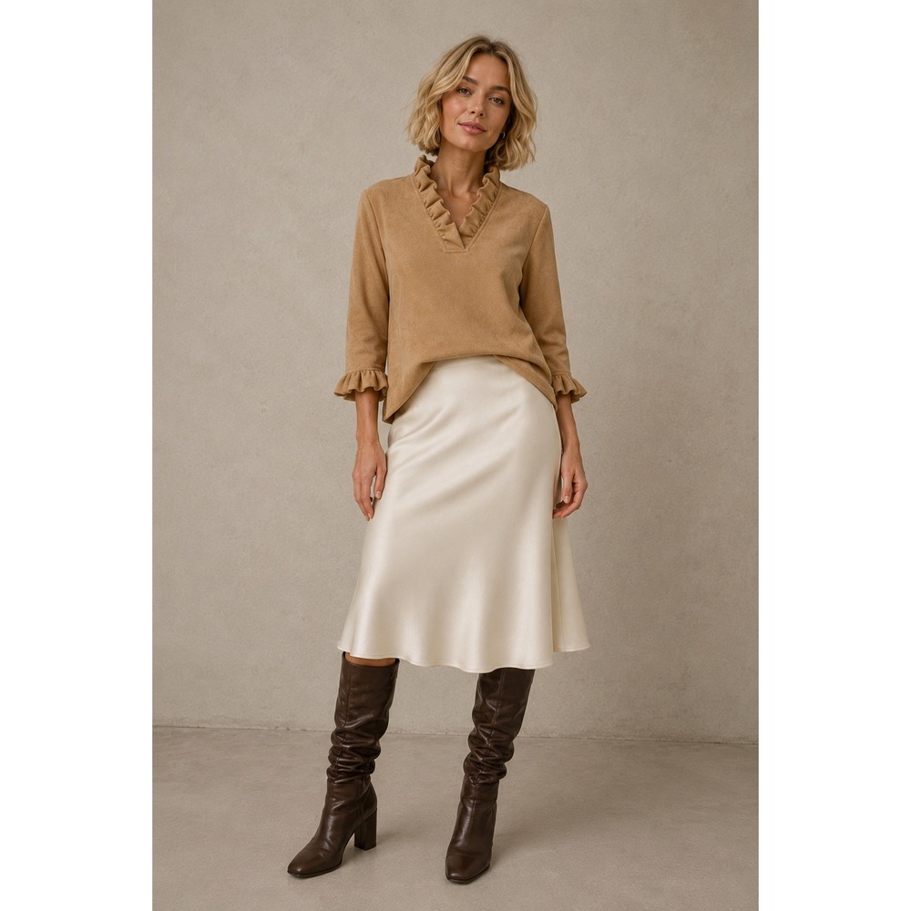 Jude Connally Faux Suede Ruffle Tunic Top XS Camel Tan NWOT Made in USA